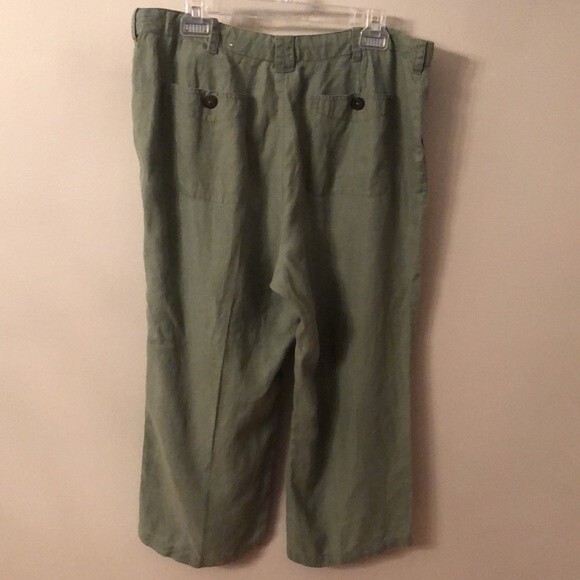 ST JOHN'S BAY SIZE 14 OLIVE ARMY GREEN LINEN WIDE LEG CROPPED DRAWSTRING PANTS - Picture 5 of 7